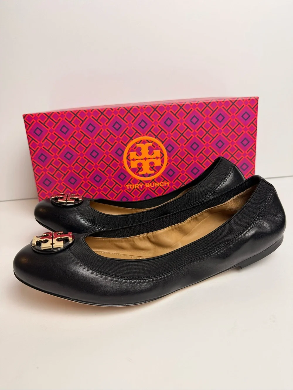 Tory Burch Claire Elastic Ballet Flats Black Nappa Leather Gold Logo Shoes Sz 8